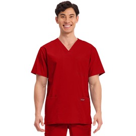 Cherokee Men's V-Neck Top Traditional fit with 4 Pockets, Ultra Soft, Durable, Fade Resistant, 2-Way Stretch Fabric Plus Size - WW695, 2XL, Red