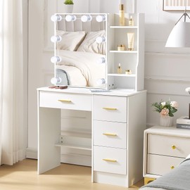 Abesthink Cute Vanity Desk, Simple Dressing Table with Led Light, 3 Lighting Colors, White Bedroom with 4 Drawers, 3 Level Storage Dresser, 80x36x130 cm