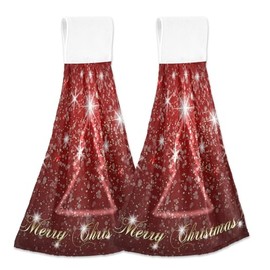 FFYHO Red Christmas Tree Hanging Kitchen Towel with Loop 2 Pack Xmas Winter Snowflakes Absorbent Hand Towels Soft Coral Velvet Tie Towel Decor for Bathroom