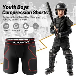 KOOPOW Youth Sliding Shorts Boys Padded Slider Shorts Sliding Pads with Cup Pocket for Baseball, Football, Hockey, Lacrosse,Black Red,M