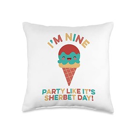 Funny Ninth B-Day Ice Cream Lover Gelato Scoops Party Like It's Sherbet Day Funny 9 Year Old Birthday 9th Throw Pillow, 16x16, Multicolor