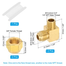 PATIKIL 90 Degree Elbow Brass Pipe Fittings, 2 Pcs 3/8" Male Flare x 1/4" NPT Male Thread Tubing Fitting Adapter Connector Tube Elbow Converter with 3/8" Brass Flare Nut and PTFE Tape