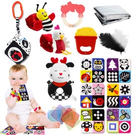 Xerteam 20 Pcs Black and White Sensory Toys, Newborn Sensory Toys 0 6 Months, Montessori Baby Sensory Toy Plush Rattle Wrist Rattle Teether Scarf Foil Blanket, Tummy Time Toys Baby Gifts 0 3 6 Months