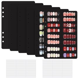 KEIFIN 6 PCS Blank Refill Sheets for Press On Nail Storage Organizer Binder A5 Plastic Insert Pages for Fake Nail Swatch Container Book Polish Color Display Holder with 60 Pcs Tape Strips (BLACK)