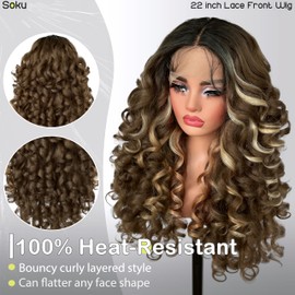 SOKU Curly Lace Front Wig, Long Curly Golden Brown Wigs for Black Women 22 Inch 13x4x1 HD Lace Frontal Ombre Brown Blonde Skunk Stripe Pre Plucked Ready to Wear Gluegless Middle Part Wig