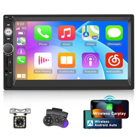 7 inch Double Din Car Radio with Wireless Apple Carplay & Android Auto/FM/EQ/Bluetooth/Mirror Link/Steering Wheel Control/Rear Camera