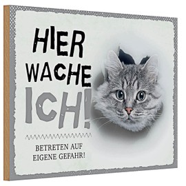 Lustiges Holzschild | Hier wache ich | Katze | Betreten auf eigene Gefahr | 20 cm x 30 cm