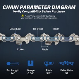 14 Inch Chainsaw Chain, RAINHOL Chainsaw Blade, 52 Drive Links, 3/8" LP Pitch .050" Gauge, Fits Craftsman, Echo, Poulan, Ryobi and More (4 Pack)