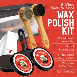 RED MOOSE Full Leather Black and Brown Wax Shoe Polish Kit - 2x Brush, Buffing Cloth, Travel Case, Laces
