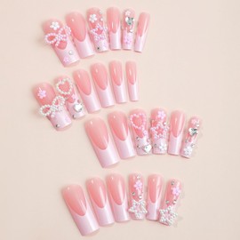 MISUD Press on Nails Long Square Fake Nails Glossy Glue on Nails Pink French Tip Acrylic Nails Squoval Star Pearl Bow Artificial Nails Rhinestone Flower Stick on False Nails with Design 24 pcs