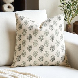 FIOUOVO Floral Vintage Throw Pillow Covers 20x20 Pillow Cover Block Print Decorative Cushion Covers Farmhouse Neutral Accent Home Décor for Sofa Couch Living Room Bedroom, 1PC, Olive Green