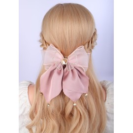Jumwrit Pink Satin Hair Bow Clip for Thick Thin Hair Large Chiffon Bowknot Hair Clip Ribbon Tassel Ponytail Hair Accessories Valentines Shiny Rhinestone Butterfly Hair Barrette for Women Girls (Pink)