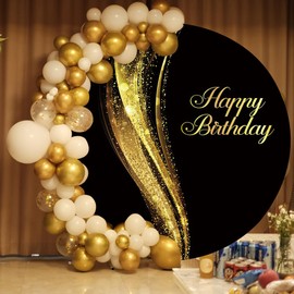 OFILA Black and Gold Round Backdrop 7.2ft Shining Gold Happy Birthday Round Photography Backdrop Women Man Birthday Adult Birthday Portrait Photo Round Backdrop