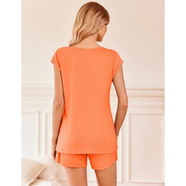 Ekouaer Lounge Sets for Women Short Sleeve Tops and Shorts Soft Comfy Pajamas Set 2 Piece Outfits,Orange,S