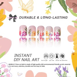 French Tip Press on Nails Short Square MABKJLF Cute Flower Fake Nails False Nails with Sunflower Rose Designs Glossy Glue on Nails Spring Summer Acrylic Nails for Women Girls 24Pcs