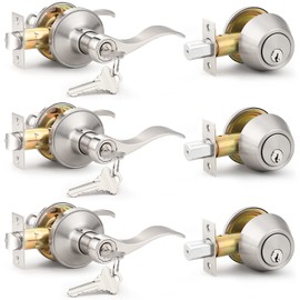 Probrico Entrance Door Lever Deadbolt Sets 3 Set Satin Nickel Exterior Entry Lever and Single Cylinder Deadbolt,Keyed Alike Combo, Keyed Handleset Lockset Exterior(for Front Door and Outside Gate)