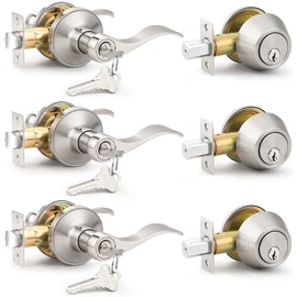 Probrico Entrance Door Lever Deadbolt Sets 3 Set Satin Nickel Exterior Entry Lever and Single Cylinder Deadbolt,Keyed Alike Combo, Keyed Handleset Lockset Exterior(for Front Door and Outside Gate)