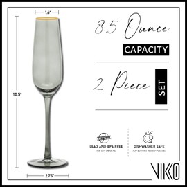 Vikko Champagne Flutes, 8.5 Ounce Toasting Champagne Flute, Smoked with Gold Rim, Crystal Clear Champagne Glasses, Set of 2 Elegant Sparkling Wine Glasses