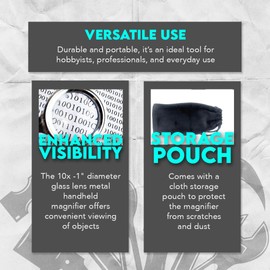 SE 10x Metal Handheld Magnifier with 1-Inch Glass Lens - Compact, Durable, Includes Cloth Storage Pouch - MI1404S