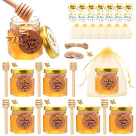 XING-RUIYANG 1.5 oz Mini Glass Honey Jars, Honey Jars Party Favors in Bulk, with Dipper,Stickers,Gold Lid,The Golden Bee pendant,Gift Bags and Jute,for Baby Shower,Wedding Party Favor（8 pcs