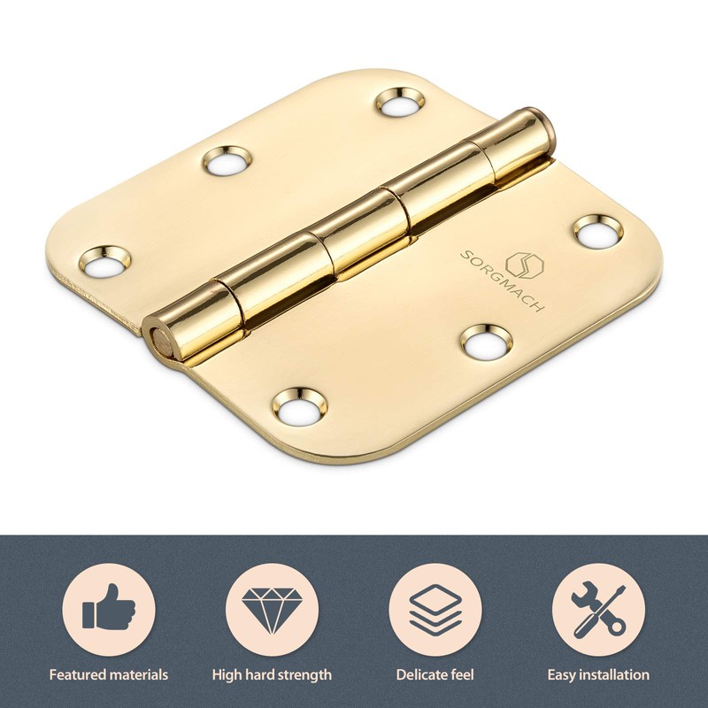 Door Hinges Polished Brass 3.5 Inch Interior Hinges 5/8" Radius
