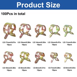 Aracombie 100Pcs Spring Band Hose Clamps, Durable Vacuum Hose Clamp, Fuel Line Clamp Set in 10 Sizes (6mm to 17mm) for Automotive Replacement Fastener