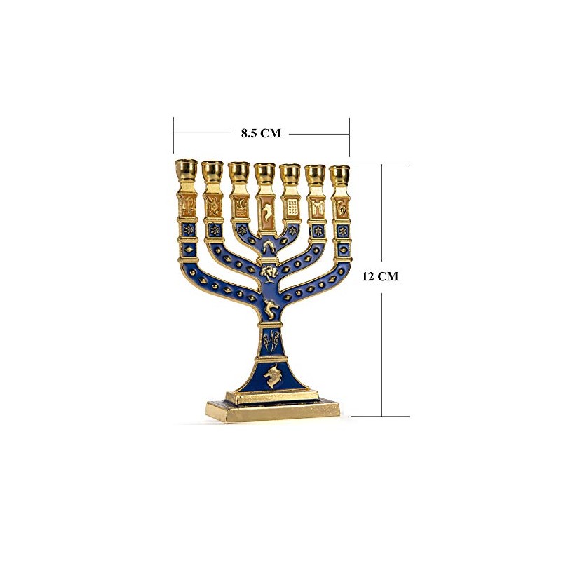 JL Kippha's Blue and Gold Candle Holder Decorative Menorah 7
