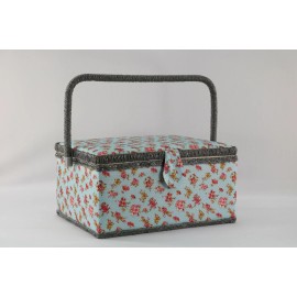 Adolfo Sewing Basket - Sewing Box - Blue Pink Rose Floral  - Sewing Kit - Storage Box  - Large - 12" x 9" x 6"