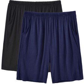 JINSHI Men's 2 Pack Lounge Wear Shorts Nightwear Soft Wick Summer Short Pyjamas Bottoms with Pockets, L (Waist:36"-38"), Black & Navy