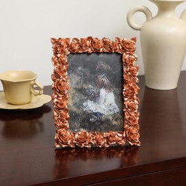 MOMLKFDAY Gold 4x6 Picture Frames Vintage Photo Frame Rose Gold Flower Leaf with Glass Front Antique Picture Frame for Tabletop Wall Hanging (Rose Gold-4x6)