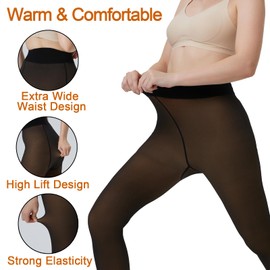 WEANMIX Fleece Lined Tights High Waist Compression Pantyhose Black Fake Translucent Silky Soft Warm Winter leggings for Women with Extra Waist Support