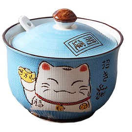 Ceramics Japanese Maneki Neko Lucky Cat Sugar Salt Pepper Storage Jar with Lid And Spoon