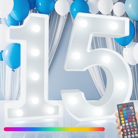 Light Up Numbers, 15th Birthday Decoration for Teen Girls Boys, 34 Colors Marquee Numbers Sign Color Changing for 15th Birthday Centerpieces Table Decor 15th Wedding Anniversary Decor, Number 15