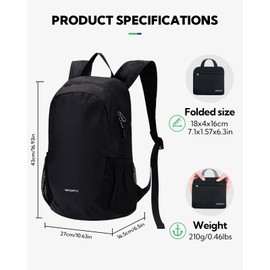 WATERFLY Ultralight Foldable Backpack 18 L: Small Packable Hiking Backpack Lightweight Thin Daypack Sporty Daypack for Sports Outdoor Hiking Travel City Trips Shopping Men Women, black, Travel