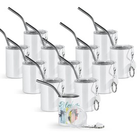 AGH 12 Pack 3 oz White Straight Sublimation Mini Tumblers Shot, Cups with Lid and Stainless Steel Straw, Mugs with Keychain