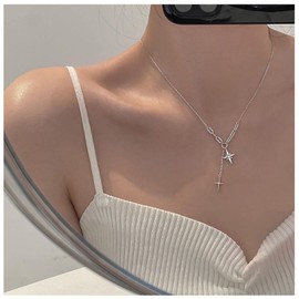 Cimenexe Bohemian Crystal Starburst Pendant Necklace Silver Cross Choker Necklace Crucifix Paper Clip Chain Necklace CZ Star Y Lariat Necklace Jewellery for Women and Girls Gifts