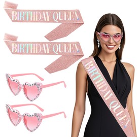 SAIIURV 4 Stück Geburtstagsbrille Geburtstag Herz Brille Schärpe Roségold Birthday Queen Frauen Party Accessoires für Birthday Prinzessin Fasching Foto Requisiten