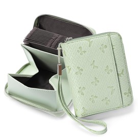 SENDEFN Women's Leather RFID Protection Credit Card Holder Purse with Zip Organ Style Women's Business Card Holder with Many Compartments, Printed Green, Fastened