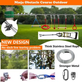 SZHTMZXC 50FT Ninja Warrior Obstacle Course for Kids Backyard Outdoor, 11 Ninja Accessories, Stainless Steel Main Rope 500lbs, Monkey Bars, Wood Ladder, Climbing Net (50FT 11Pcs Ratchet)