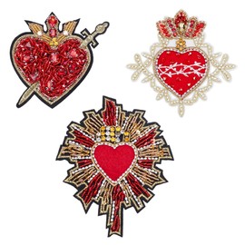 FINGERINSPIRE 3 Pcs 3 Styles Red Heart Beaded Patch 5.8x4.8inch Crown Heart Rhinestone Beaded Patches Heart Beaded Applique Beaded Embroidery Patches Applique for Coat Clothing Decoration