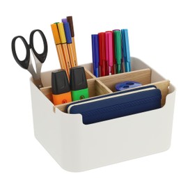 Relaxdays Schreibtisch Organizer, 5 Fächer, Kunststoff und Holz, Badorganizer, modern, HxBxT: 9,5 x 18 x 15 cm, weiß