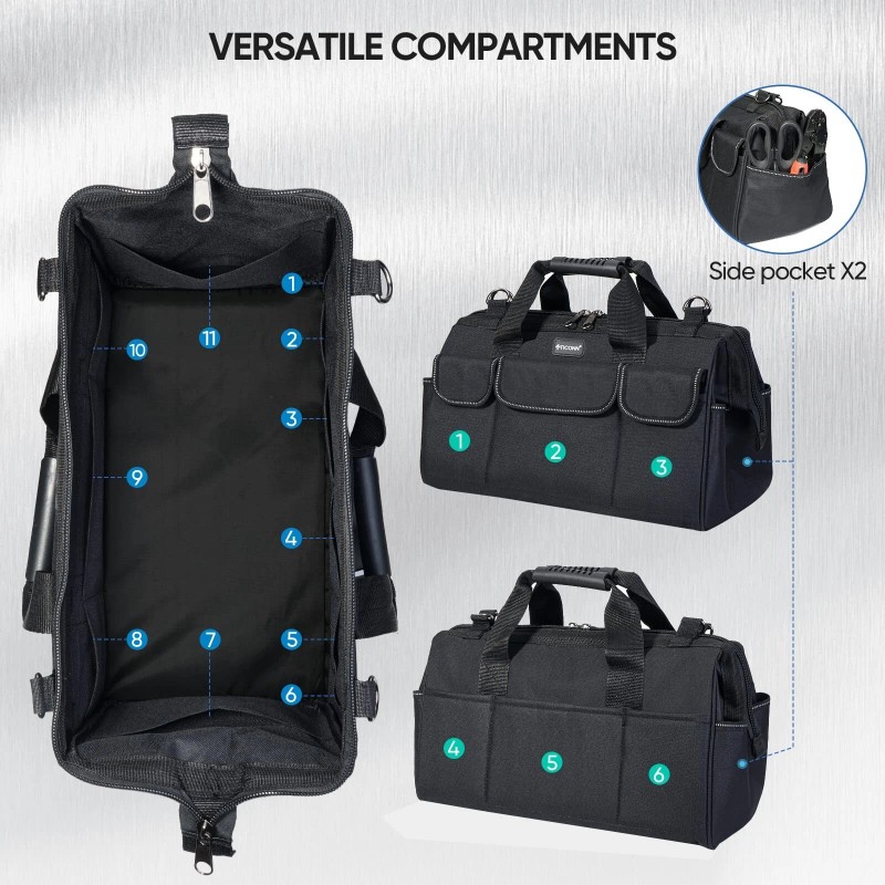 TICONN 16in Tool Bag with Waterproof Soft Bottom, Multi-Pockets Wide
