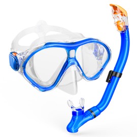 Kids Snorkel Set, Kids Goggles Snorkeling Gear Swimming, Anti-Fog Tempered Glass Snorkel Mask with Foldable Breathing Tube, 180 Degree Full View Anti-Leak Diving Mask for Age 6-14 Unisex