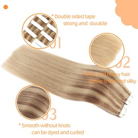 VINBAO Tape in Human Hair Extensions Balayage Golden Brown to Golden Blonde Straight Skin Weft Remy Tape in Hair Extensions 20inch 20 Pcs 50g(tape#10/16/16-20Inch)