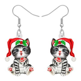 OUSIO Christmas Day Cute Christmas Black Cat Earrings Acrylic Red Santa Hat Scarf Kitten Pets Drop Dangle Jewelry For Women Birthday Holiday Party Gifts (Grey)