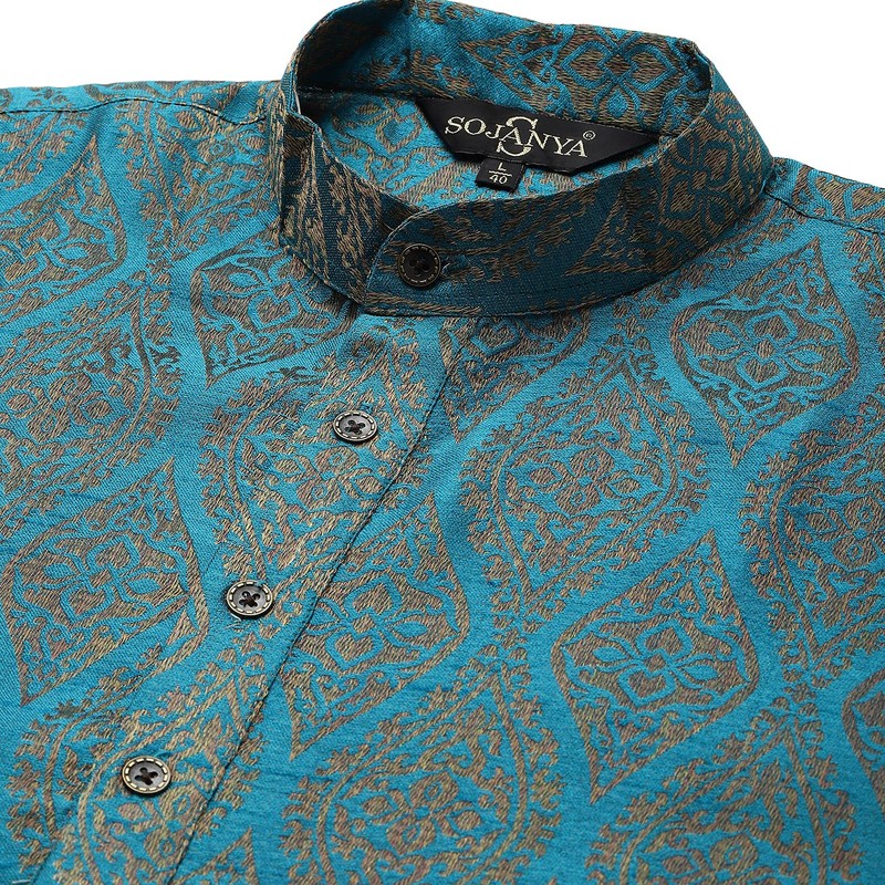 Sojanya (Since 1958, Jacquard Silk Kurta para hombre, Azul verde