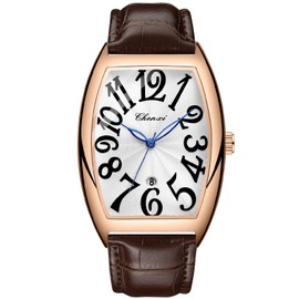 Tiong Brown Square Leather Band Men's Luminous Design Quartz Watch, Black Arabic Numerals Digital Quartz Leather Band Watch with Box for Men