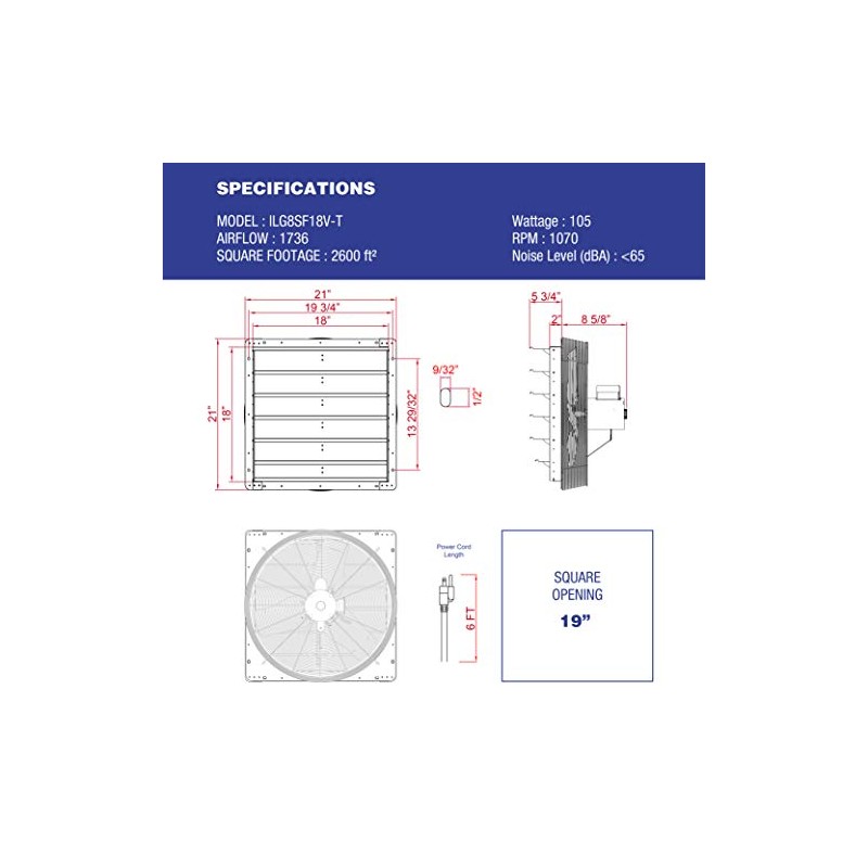 iLIVING 18" Wall Mounted Shutter Exhaust Thermostat Control-3 Speeds Vent