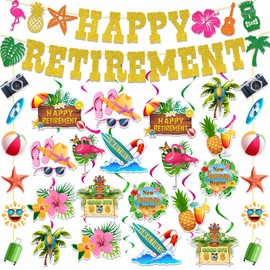 Hawaiian Retirement Party Decorations Happy Retirement Banner Flamingo Palm Pineapple Hanging Swirls Tropical Retirement Decorations for Summer Beach Party Supplies Favor Decor