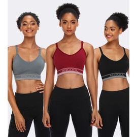ANGOOL Sports Bras Women Padded Seamless Yoga Bra Wireless Adjustable Straps Longline Running Gym Training Bra, Black+Grey+Red, M